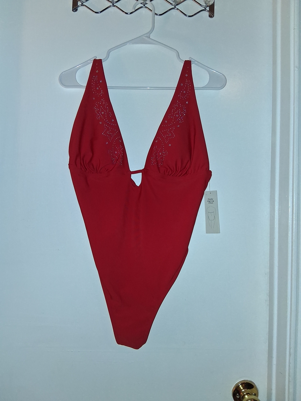 No Boundaries Red Rhinestone Deep V Bandeau One-Piece Swimsuit